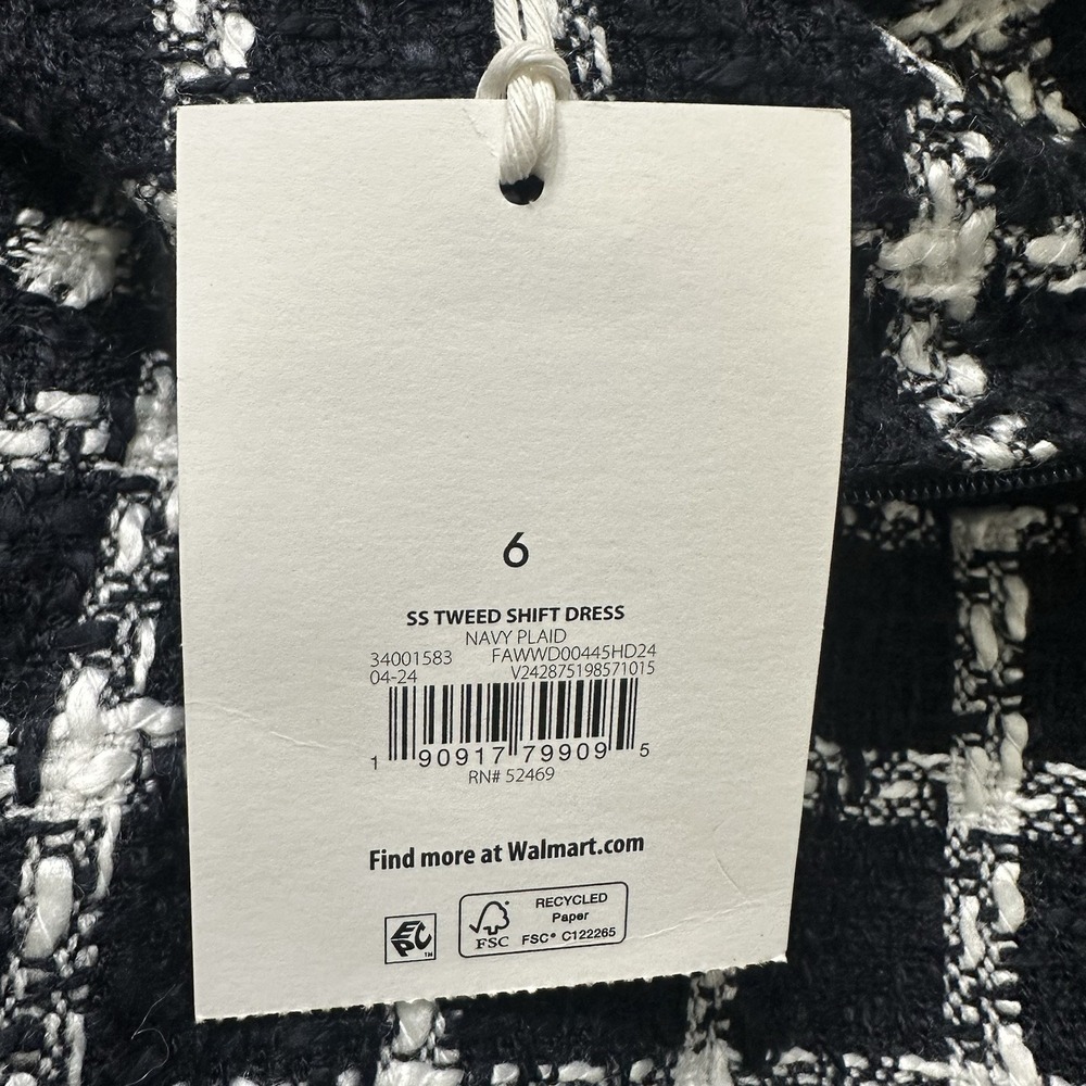 Free Assembly Tweed‎ Shift Dress Women 6 Navy Plaid Short Sleeve Lined NWT - Picture 5 of 11
